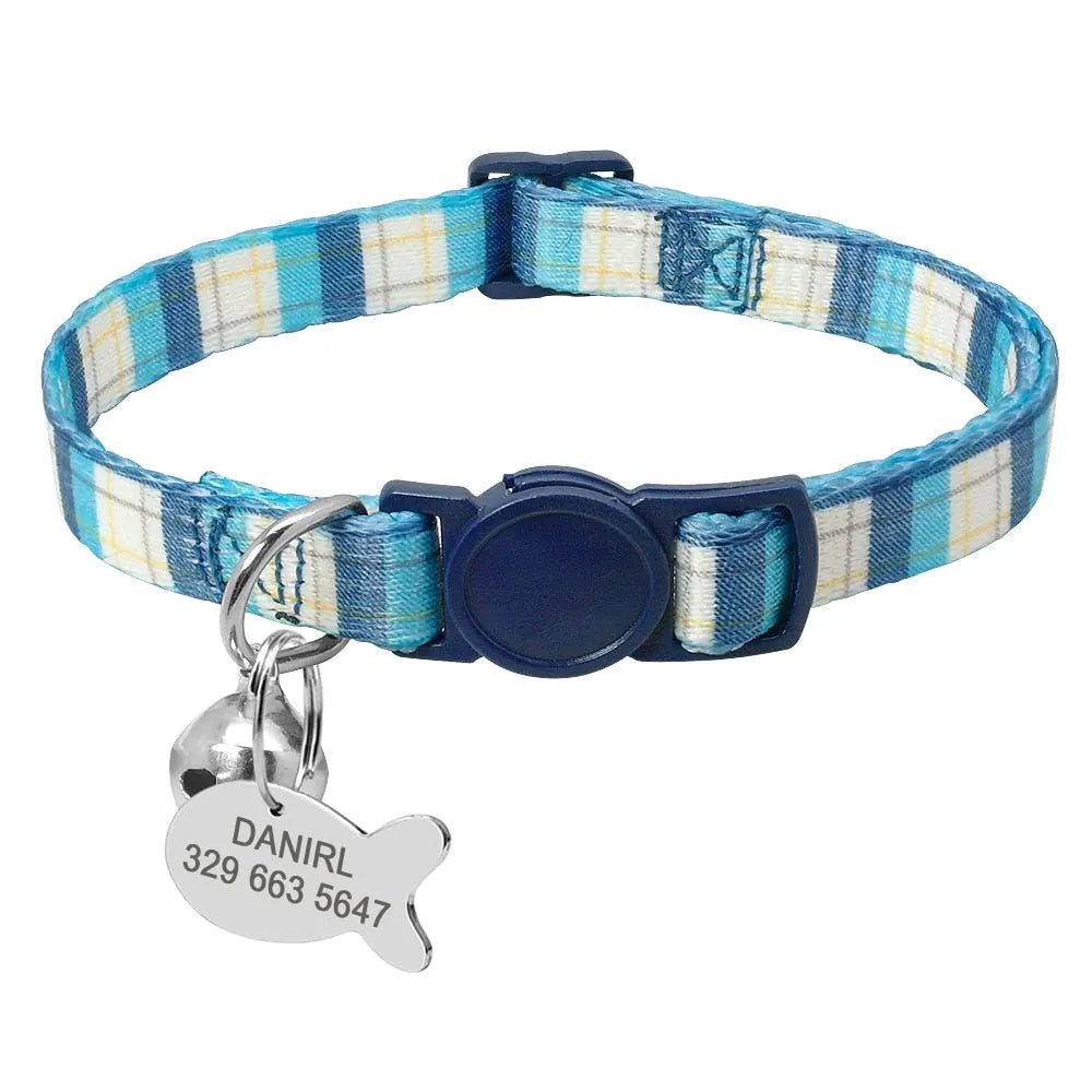 Personalisierbares Katzenhalsband mit Katzenmarke Blau kariert | Chic et Chat