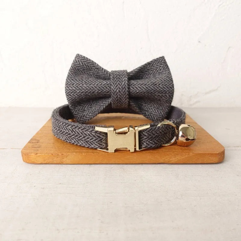 collar con pajarita gris de tweed para gato | Chic et Chat