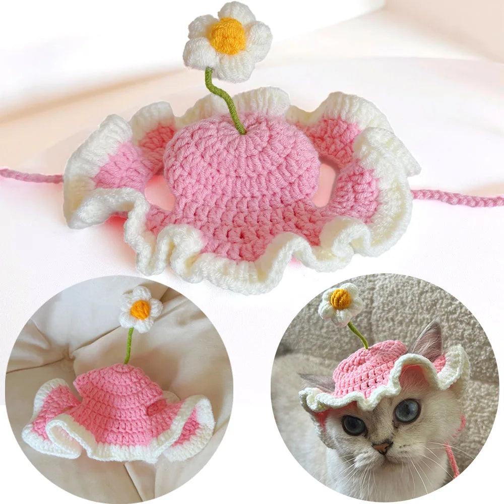 Bonnet crochet rose pour chat avec fleur blanche | Chic et Chat
