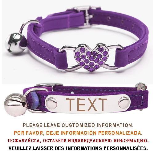Collier pour chat coeur en strass à graver violet