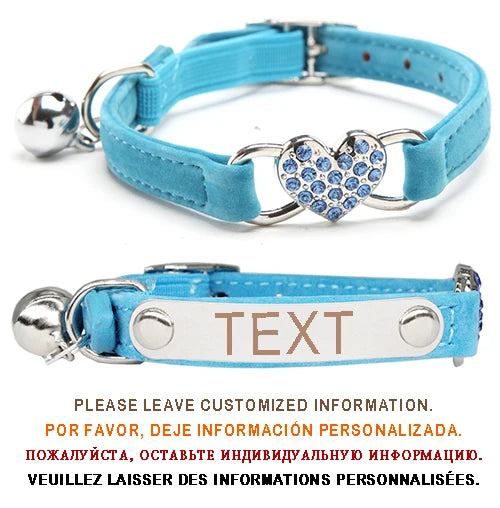 Collier pour chat coeur en strass à graver bleu