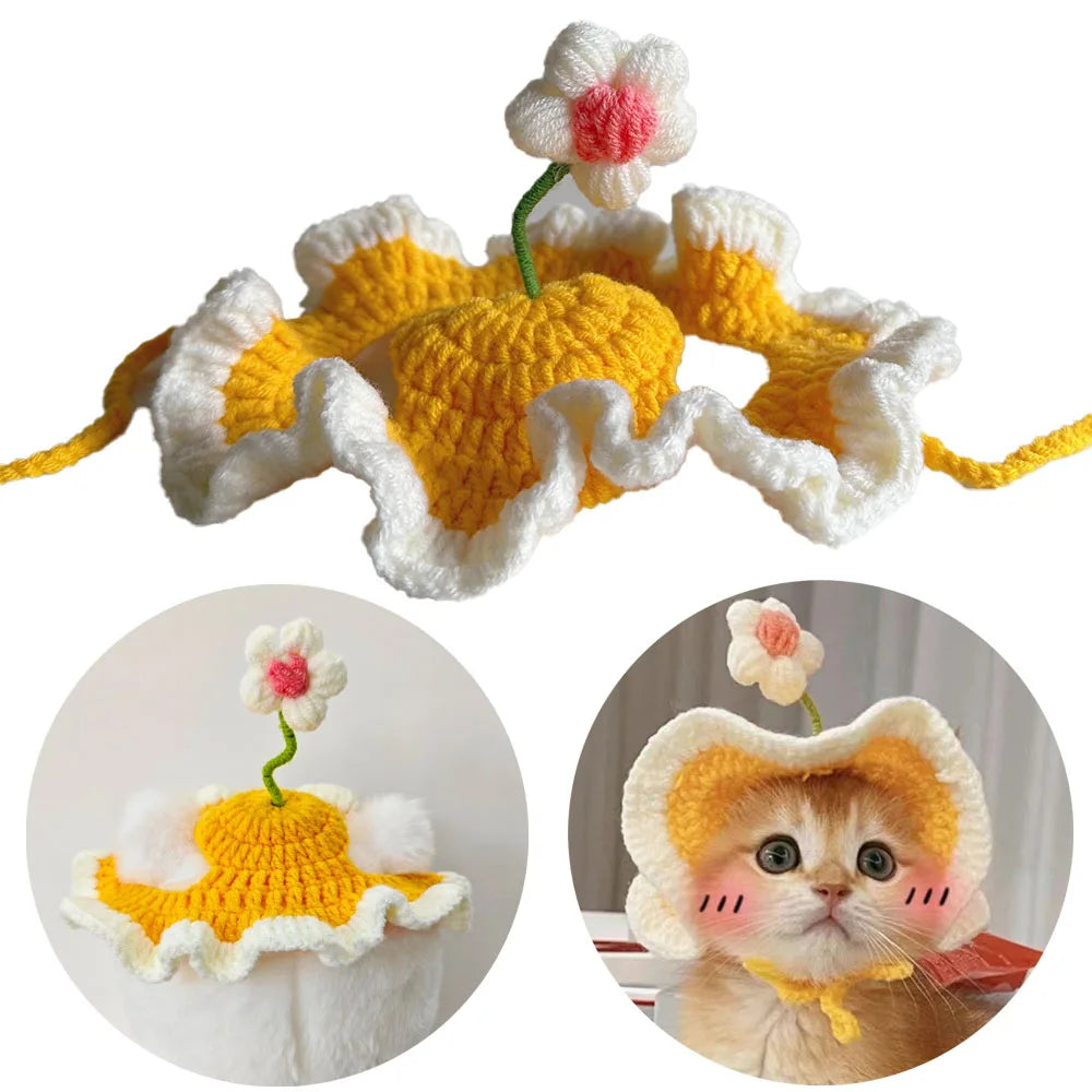 Bonnet crochet pour chat jaune à fleur | Chic et Chat
