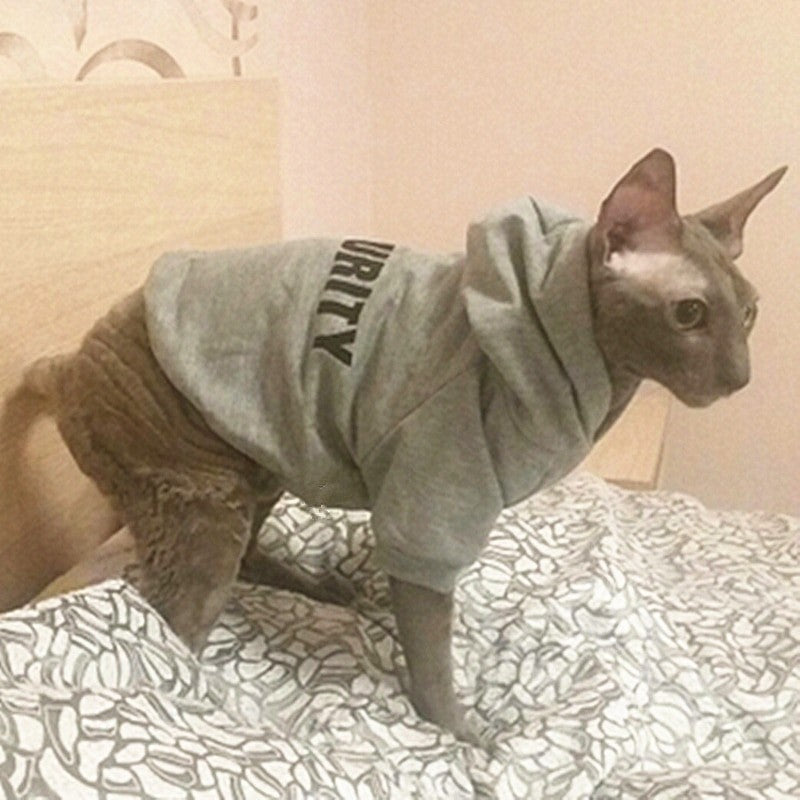 sweat à capuche pour chat security sécurité gris et noir sphynx