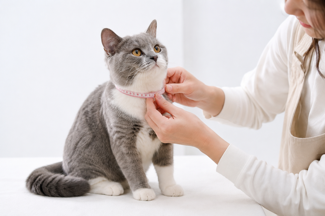 Mesure du tour de cou d'un chat avec un mètre ruban pour choisir la bonne taille de collier personnalisé