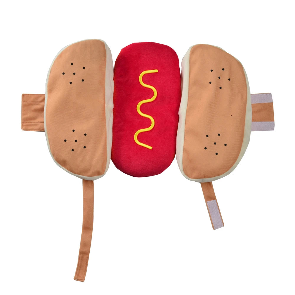 Costume hot-dog pour chat déplié, vue de dessous avec sangles | Chic et Chat