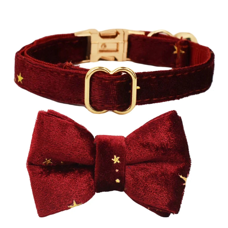 Collier de Noël en velours à personnaliser bordeaux étoilé avec noeud