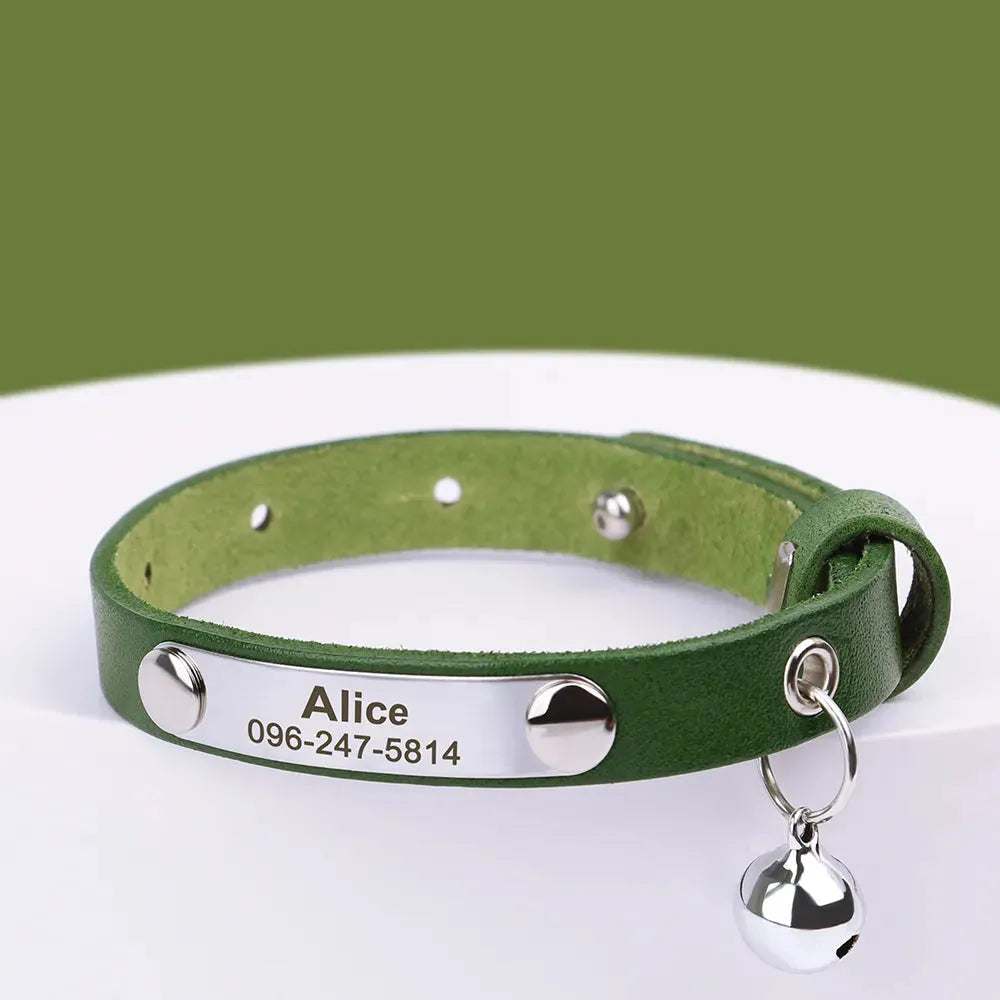 collier gravé pour chat en cuir vert