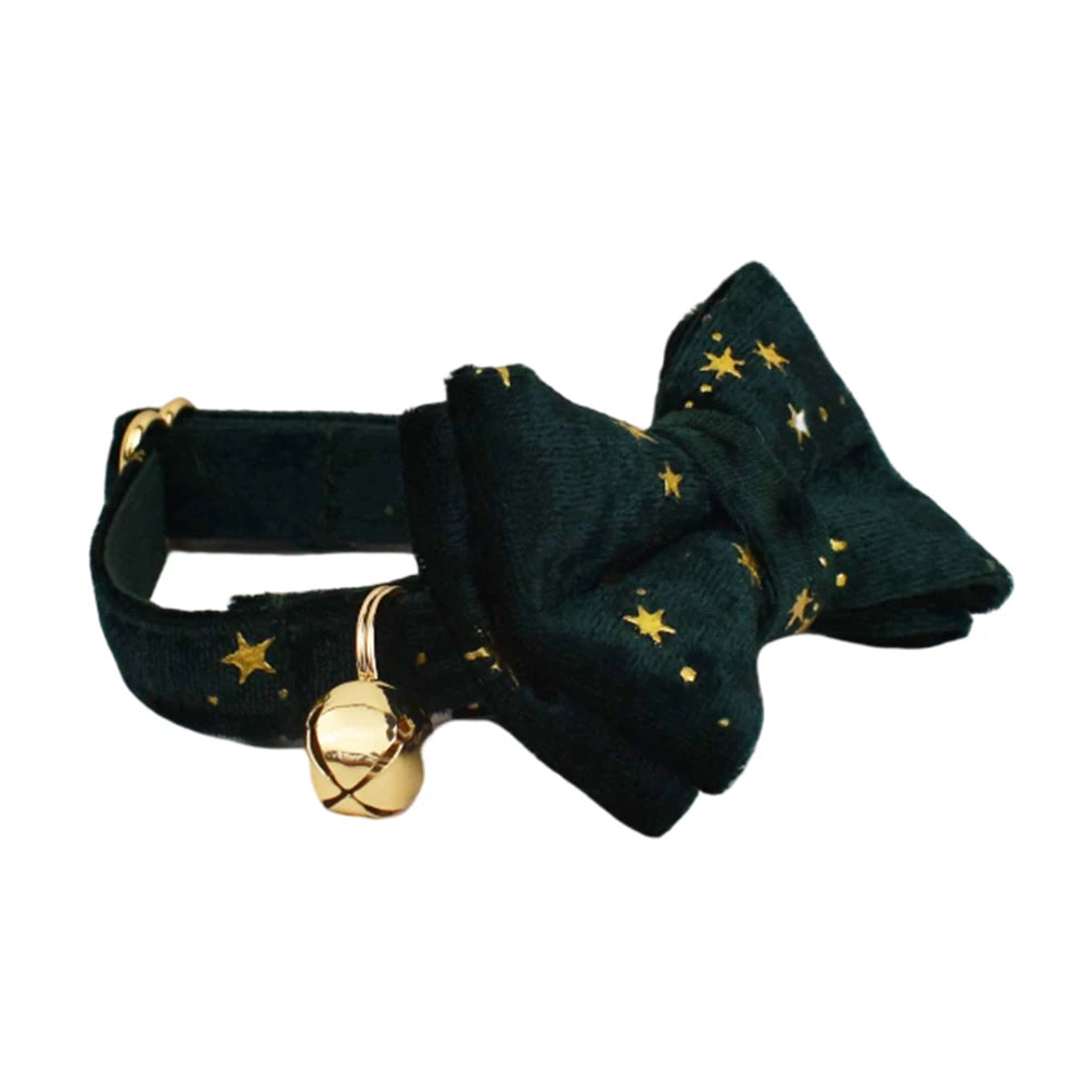 Collier de Noël en velours à personnaliser vert étoilé avec noeud