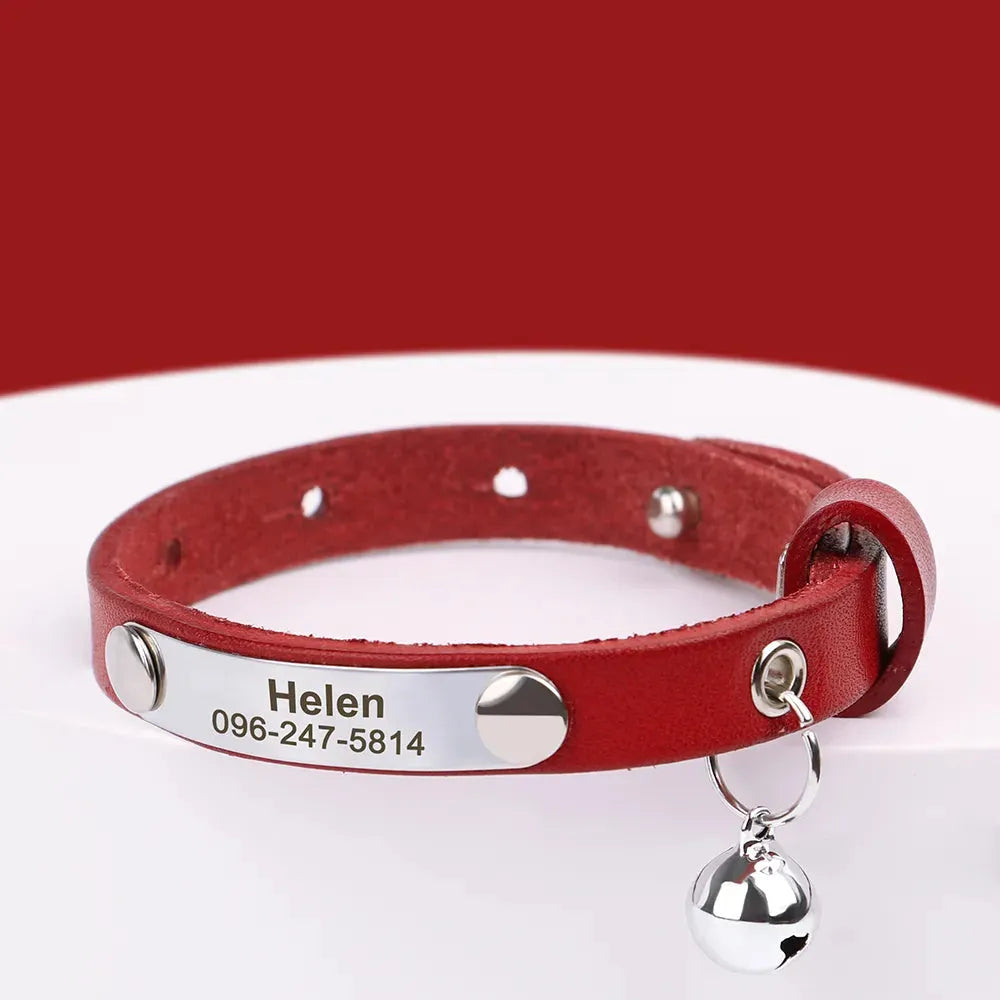 collier gravé pour chat en cuir rouge