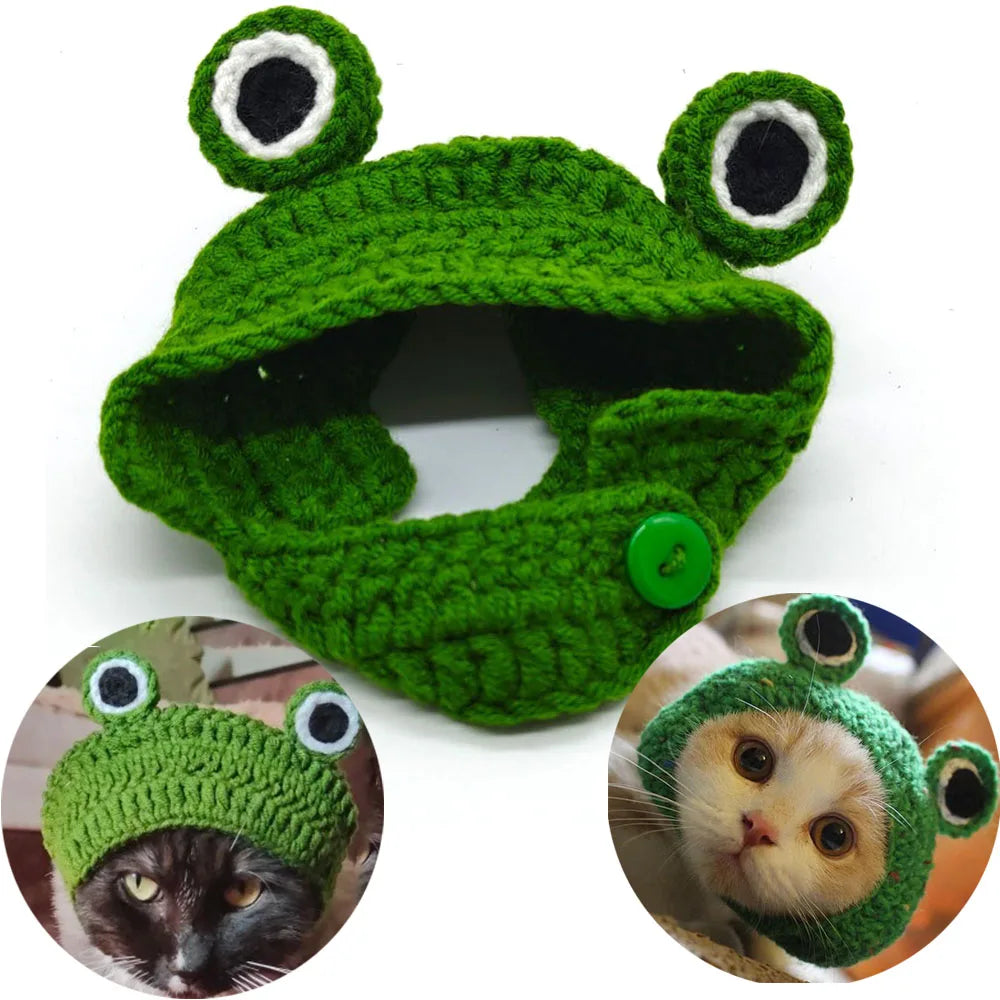 Bonnet grenouille pour chat en crochet, modèle porté | Chic et Chat