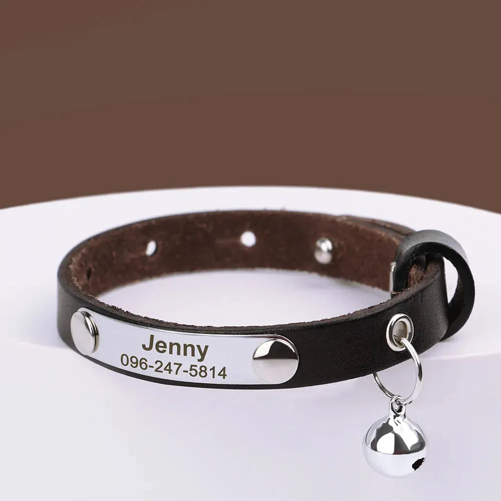 collier gravé pour chat en cuir noir