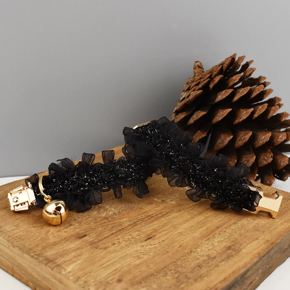 collier pour chat en dentelle noir or