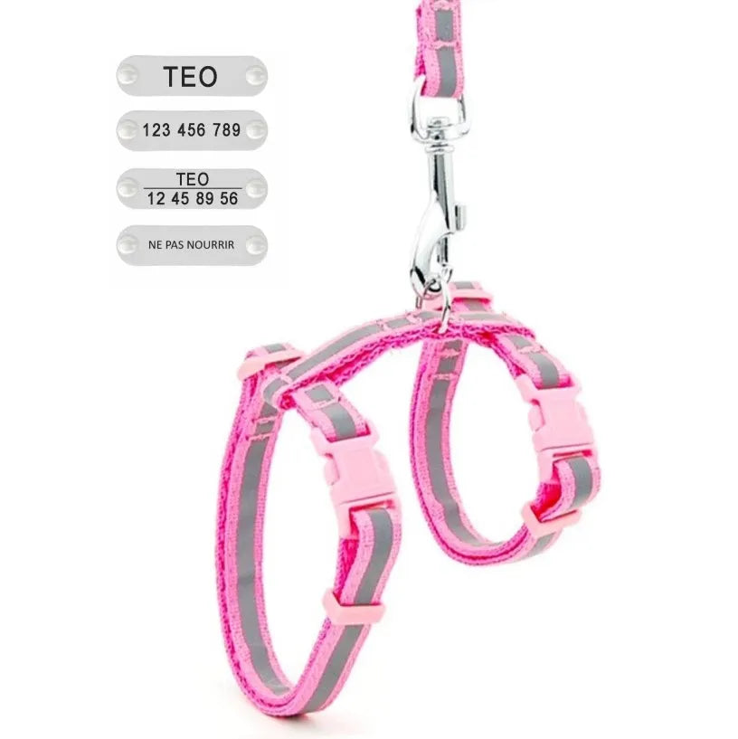 Personalized Reflective Cat Harness, Free Engraving - Pink | Chic et Chat