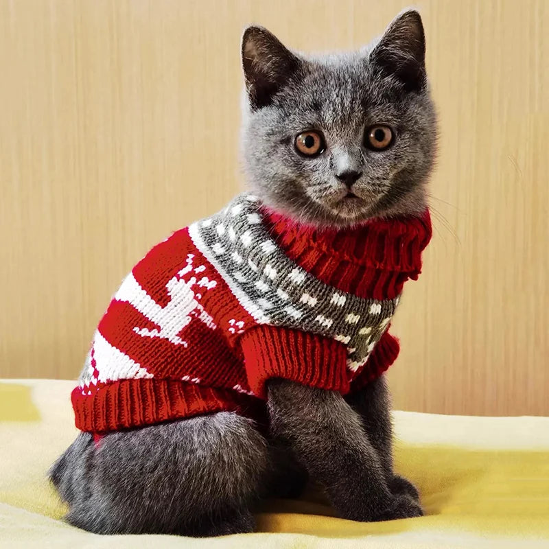 Warmer, bequemer Winterpullover für Katzen - Rot Hirsche | Chic et Chat