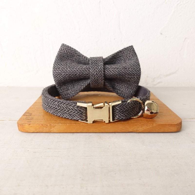 collier noeud papillon gris tweed pour chat